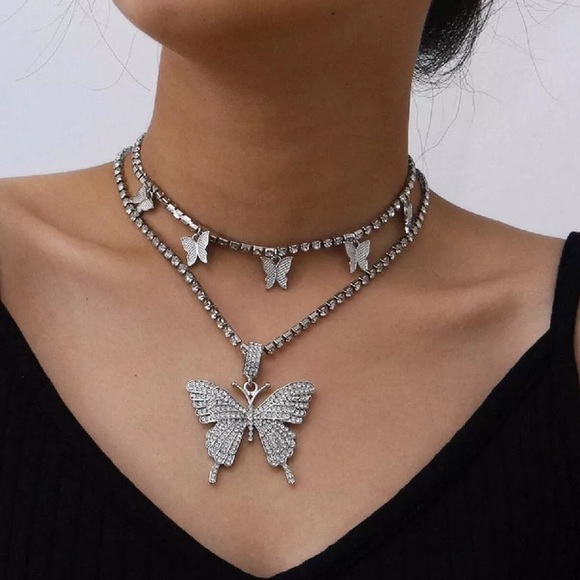 Luxury Rhinestone Cuban Butterfly 🦋 Set Two Tone Necklace - Picture 3 of 3